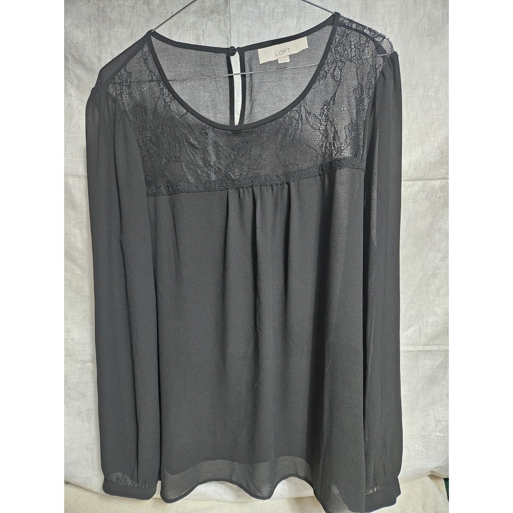Loft Womens Black Chiffon Blouse‎ With Lace Inset, Long Sleeve Size XL